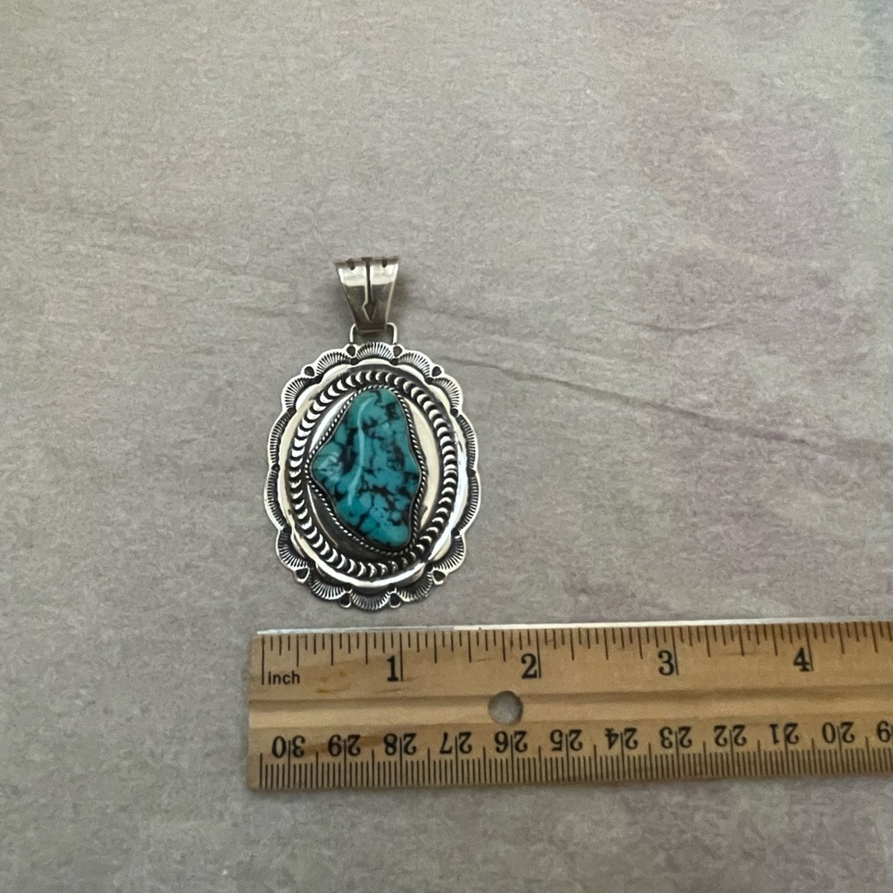 Authentic Navajo Sterling Silver Large Pendant with Turquoise by Sunshine Reeves - Picture 3 of 7